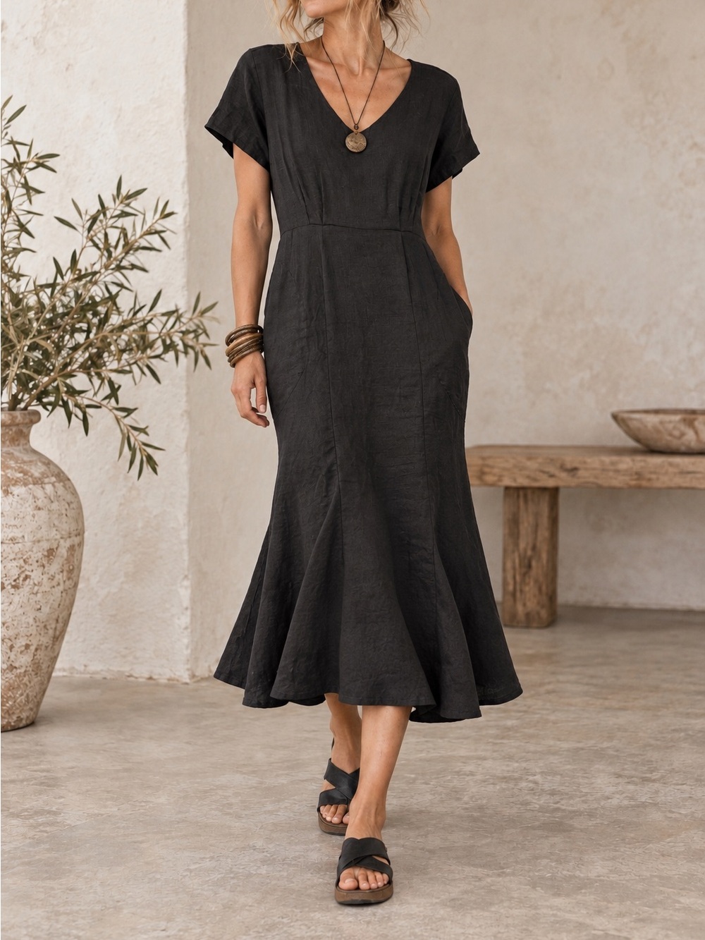 Flax 100% Linen Lagenlook Minimalist Short Sleeve V Neck Pockets Midi Dress Sz M